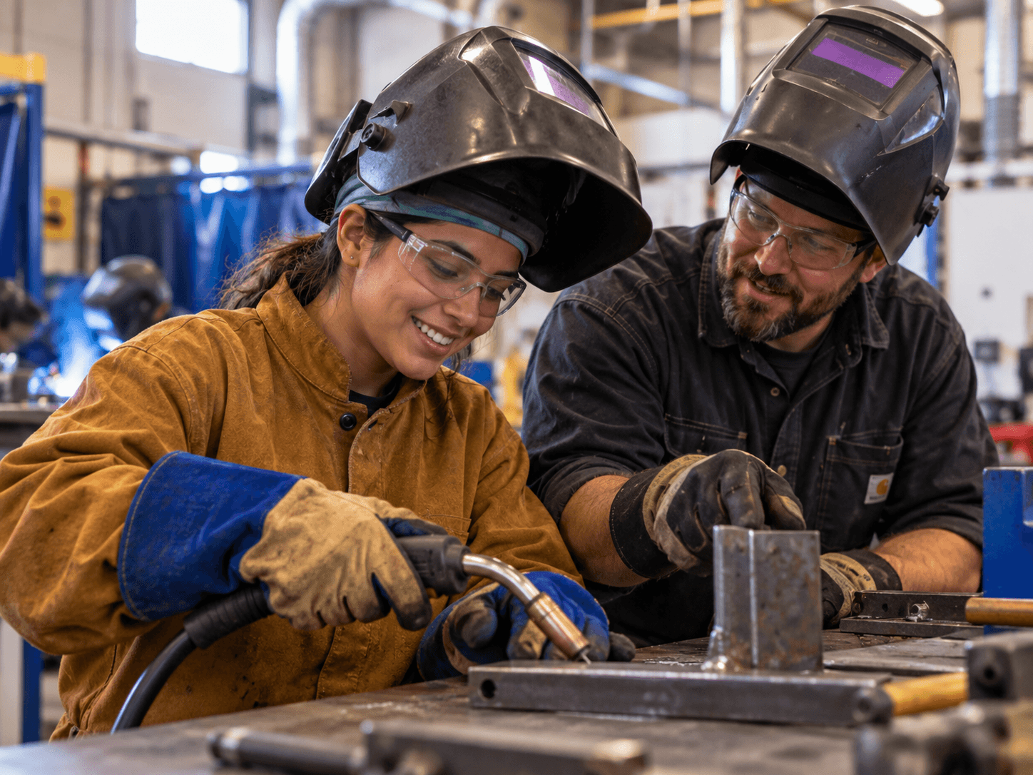 Student learning welding skills